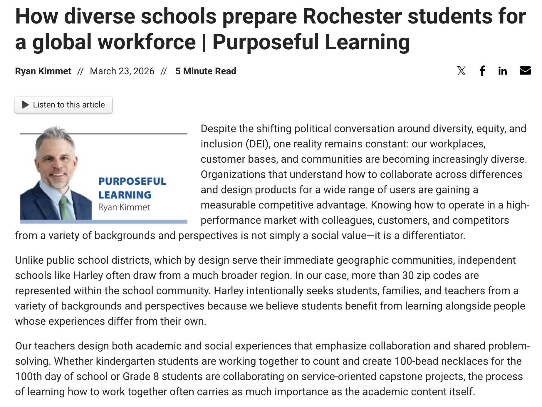 Dr. Ryan Kimmet Column in the RBJ, How diverse schools prepare Rochester students for a global workforce